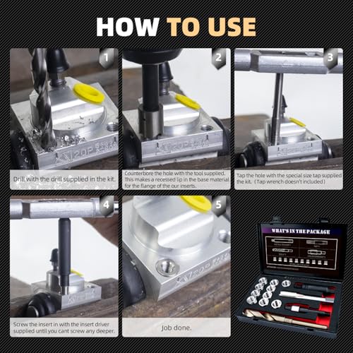 M14X1.5 Thread Repair Kit with Insert HSS Drill, Tap, Counterbore, Installation Driver, Tap Guides, Metric, 10PCS Stainless Steel Insert M14X1.5X17.8MM