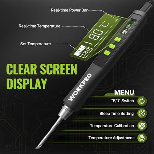 WORKPRO DC Soldering Iron Kit, Fast Heating Soldering Iron Pen with 3 Tips, Portable Lightweight Solder Iron for Electronics, Metal, DIY, Accurate Temp Control, OLED Screen Display, PD/QC Protocols