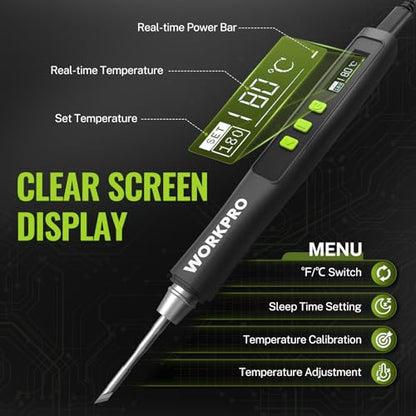 WORKPRO DC Soldering Iron Kit, Fast Heating Soldering Iron Pen with 3 Tips, Portable Lightweight Solder Iron for Electronics, Metal, DIY, Accurate Temp Control, OLED Screen Display, PD/QC Protocols