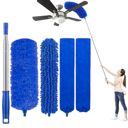 UIMO Microfiber Feather Duster 5-in-1 Kit for Dusting and Cleaning | 30–100" Extension Pole, Anti-Slip Grip, Bendable Washable Heads for Ceiling Fan, Furniture, Car (Blue) - color: Blue