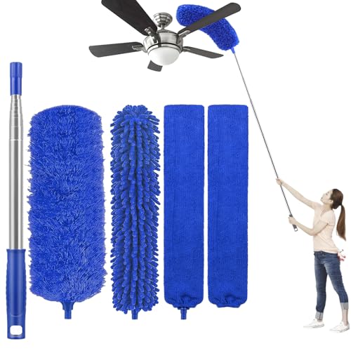 UIMO Microfiber Feather Duster 5-in-1 Kit for Dusting and Cleaning | 30–100" Extension Pole, Anti-Slip Grip, Bendable Washable Heads for Ceiling Fan, Furniture, Car (Blue) - color: Blue