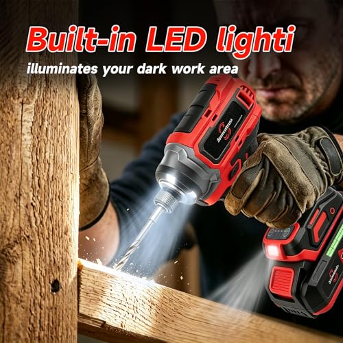 21V Brushless 1/4'' Impact Driver kit,with 2*2.0AH Batteries,300N.m High Torque,4-Speed Adjustable Torque with Memory Function,Variable Speed ＆Brake Stop,LED Light,for Wood Metal Drilling