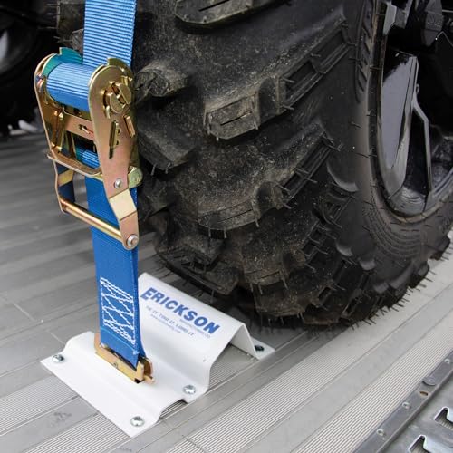 Erickson Wheel Chock Tie-Down Kit, 2 in x 6.5 ft, Single Slotted E-Fitting, Fits 10 in-30 in Tires, 1500 lb Ratchet Straps - Secures ATV, UTV, SxS, Mower & More - style: 2in x 6.5ft - Single Slotted E-fitting