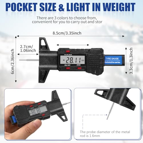 Frienda 3 Pieces Tire Tread Depth Gauge Tool Digital Tire Tread Depth Gauge LCD Display Tread Checker with Inch and MM Conversion for Motorcycle, Car, Truck and Bus, Silver, Black, Blue