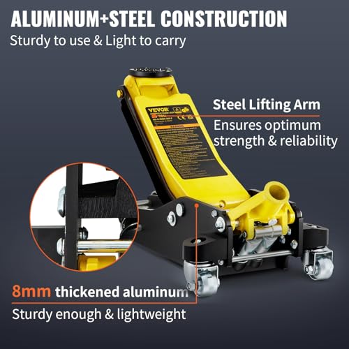 3 Ton Low Profile Aluminum Steel Racing Floor Jack Dual Pump Portable | Heavy-duty 3 ton/6600 lbs capacity, lightweight aluminum & steel build, low profile design with dual pump, 360° rotatabl