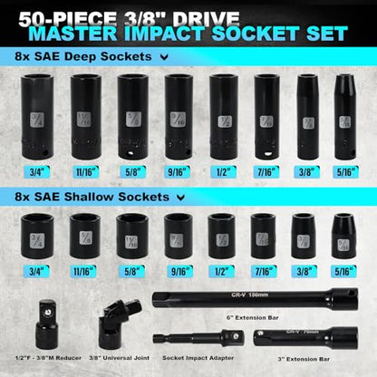 Impact Socket Set, 3/8 inch 50 Piece SAE and Metric Set, Standard SAE (5/16 to 3/4 inch) and Metric (8-22mm) 6 Point, Extension Bars, Impact Universal Joint, Adapter, Cr-V Steel - size: 3/8inch 50PCS