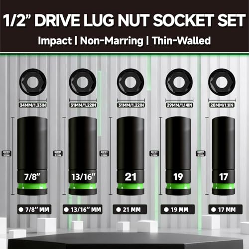 Impact Lug Nut Socket Set, 5-Piece 1/2-inch Drive Non-Marring Thin Wall Deep Socket Set for Wheel Nuts, SAE & Metic Wheel Protector Removal Tool, Cr-Mo Steel, PTM02005 - size: 5-Piece