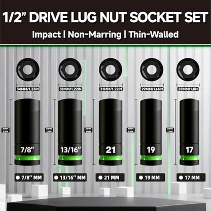 Impact Lug Nut Socket Set, 5-Piece 1/2-inch Drive Non-Marring Thin Wall Deep Socket Set for Wheel Nuts, SAE & Metic Wheel Protector Removal Tool, Cr-Mo Steel, PTM02005 - size: 5-Piece