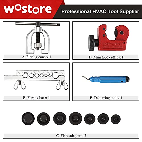 Wostore 45° Double Flaring Tool Kit, 7 Adapters with Cutter & Deburrer | 45° single & double flare tool with 7 adapters. Includes tube cutter & deburrer. For brake line, hydraulic & copper tubing. - size: Flaring Tool Kit