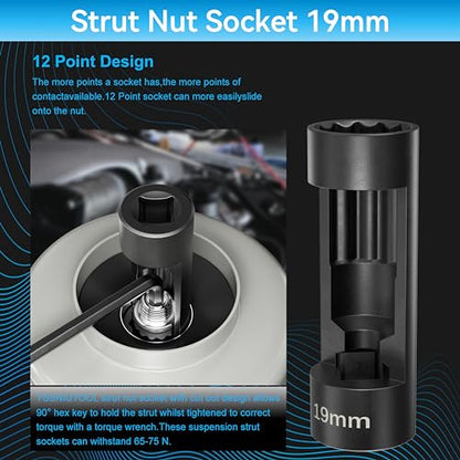 Suspension Strut Socket Tool,Strut Nut Socket 18mm 19mm 21mm 22mm 24mm with 12 Point 1/2" Drive, Suspension Strut Nut Socket Tool Easy Remove Strut Nuts,12Pt Vm Number 3353 Accessory(19mm) - color: 19mm
