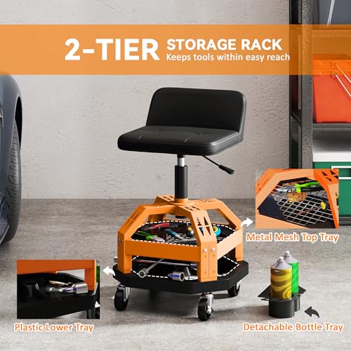 HOMCOM Rolling Mechanic Stool 300 LBS Capacity, Backrest 360° Wheels Yellow | Pneumatic Creeper Garage Stool, Heavy Duty Roller Seat, Padded Shop Chair, Tool Tray Storage, Adjustable Height - color: Yellow