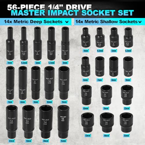 Socket Set 1/4, 56 Piece Impact Socket Set Metric and Standard Full, 6 Point, Cr-V, 1/4-Inch Drive Ratchet Handle, Drive Extension Bar, Impact Universal Joint,impact adapter - size: 1/4inch 56 PCS
