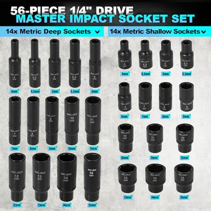 Socket Set 1/4, 56 Piece Impact Socket Set Metric and Standard Full, 6 Point, Cr-V, 1/4-Inch Drive Ratchet Handle, Drive Extension Bar, Impact Universal Joint,impact adapter - size: 1/4inch 56 PCS