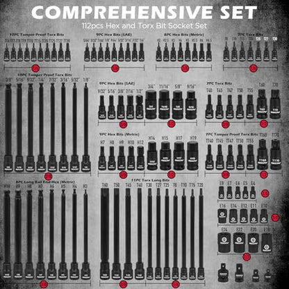 112-Piece Torx and Allen Bit Socket Set, 1/4", 3/8",1/2" Drive Bit Socket Set with Quick-Release Ratchet Wrench, Adapters, Extra long torx/Tamper proof torx/Hex/Ball End Hex/E-Trox,SAE/Metric,S2 Steel - style: 112-Piece Ultimate Set