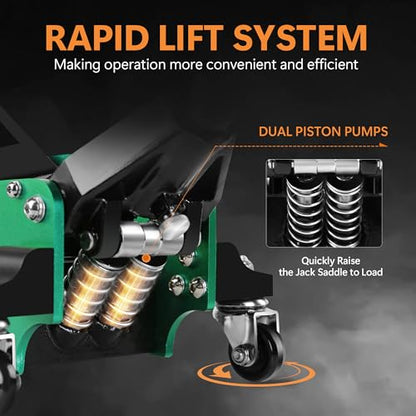 1.5T Low Profile Floor Jack, 3000 lb, Dual Pump | Lightweight aluminum & steel construction. Quick lift dual pump. Ideal for sedans and sports cars. Easy to store and move. - size: 1.5T Aluminum & Steel Green