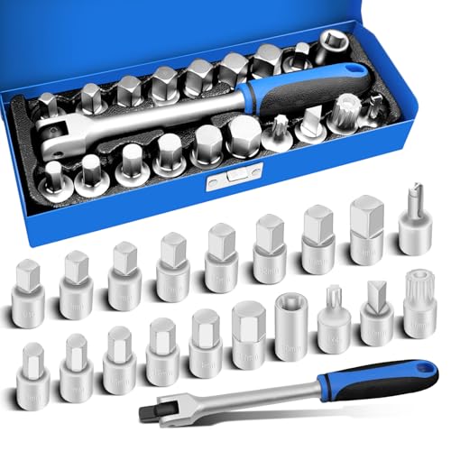 20PCS 3/8" Drive Oil Drain Sump Plug Key Set, Drain Plug Socket Kit | Hex, Square Triangle, Torx, Spline, Gearbox, Engine Repair, Mechanic tool, Oil Sump, Differential, Back Axle, Socket Wrench