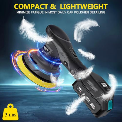 Cordless Car Buffer Polisher Kit, 20V, w/ 2X 2.0Ah & Charger | Brushless motor, dual-action random orbital, 6" backing pad, 6-speed, for car waxing scratch removal polishing