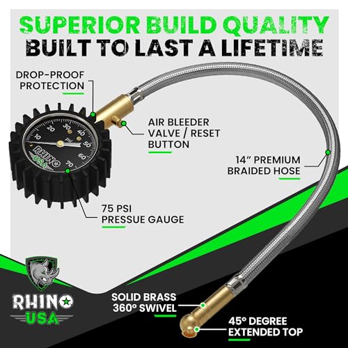 Rhino USA Heavy Duty Tire Pressure Gauge - ANSI Certified Glow Dial | ANSI B40.1 certified accurate, large 2in glow dial, 360° swivel head, solid brass hardware for car & truck tires. - size: 75 PSI Compact