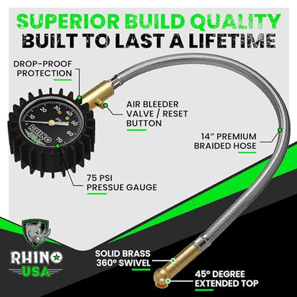 Rhino USA Heavy Duty Tire Pressure Gauge - ANSI Certified Glow Dial | ANSI B40.1 certified accurate, large 2in glow dial, 360° swivel head, solid brass hardware for car & truck tires. - size: 75 PSI Compact