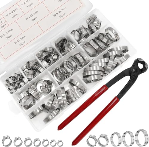 304 Stainless Steel Single Ear Hose Clamps Assortment Kit with Clamp Pliers 6 to 36mm Stepless Crimp Hose Clamps for Auto Pipe Fuel Line Home Appliance (300pcs) - size: 300pcs