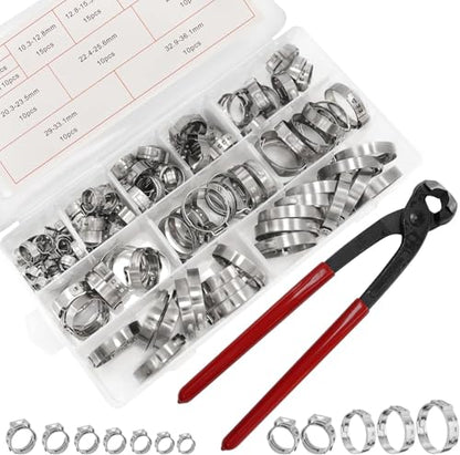 304 Stainless Steel Single Ear Hose Clamps Assortment Kit with Clamp Pliers 6 to 36mm Stepless Crimp Hose Clamps for Auto Pipe Fuel Line Home Appliance (360pcs) - size: 360pcs