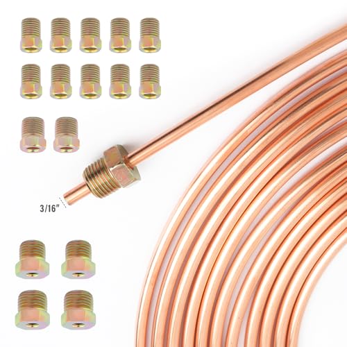 2 Sets 3/16 Brake Lines Kit,25 Ft Flexible Copper Brake Line 3/16 with Brakes Line Fittings(32pcs Fittings,8pcs Nuts,4pcs Unions),Multi-purpose Copper Tubing for Braking,Fuel Systems