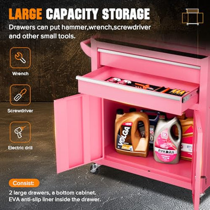 Oakcloud Heavy-Duty 8-Drawer Rolling Tool Chest & Cabinet Combo with Black Liner – Lockable Steel Garage Tool Box on Wheels – Detachable Top Toolbox & Bottom Storage Cart with Side Hooks, Pink - color: Pink, size: 8-Drawer