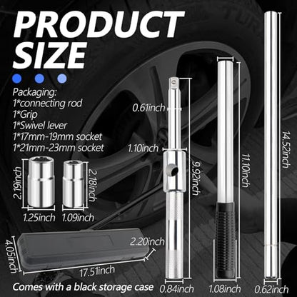 Extended Lug Nut Removal Tool Kit with 4 Way Lug Wrench,23" Telescopic Tire Iron Lug Wrench with 2 Standard Sockets(17,19,21,23mm) and Case,Portable Lug Nut Wrench for Most Vehicles