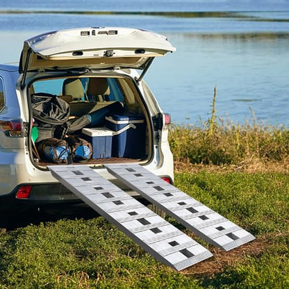 Heavy Duty Aluminum Loading Ramps - Set of 2, 5 Feet Long x 12 Inches Wide, 6000lbs Capacity for Trucks/Motorcycles, Hybrid Hook & Anti-Slip Crossbars