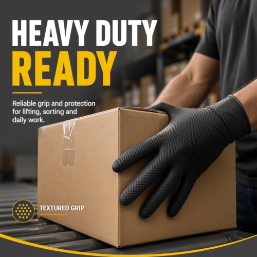 Heavy Duty Black Diamond Grip 8mil Nitrile Gloves - Industrial Grade, Puncture & Chemical Resistant Safety Gloves - size: Large