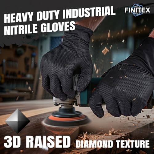 FINITEX Industrial Diamond Texture Nitrile Black Glove - 100/1000PCS Chemical Resistant 6.3mil Mechanic Disposable Gloves - color: Black (Medium 100)