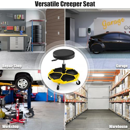 TANGZON 150KG Pneumatic Rolling Mechanic Stool, 41CM-55CM Height Adjustable & 360° Swivel Roller Creeper Seat with Removable Tool Tray and Wheels, Heavy Duty Padded Garage Workshop Stool (Yello+Black) - color: Yello+black