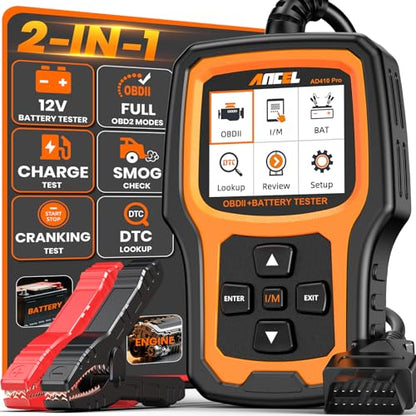 ANCEL AD410 PRO OBD2 Scanner and Battery Tester, 2-in-1 Car Diagnostic Tool, Check Engine Light, EVAP Test, Live Data, 12V Battery Analyzer with Cranking & Charging System Test for Car Motorcycle - color: yellow