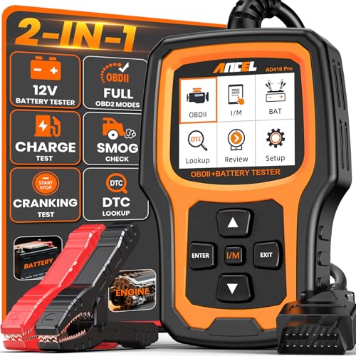 ANCEL AD410 PRO OBD2 Scanner and Battery Tester, 2-in-1 Car Diagnostic Tool, Check Engine Light, EVAP Test, Live Data, 12V Battery Analyzer with Cranking & Charging System Test for Car Motorcycle - color: yellow