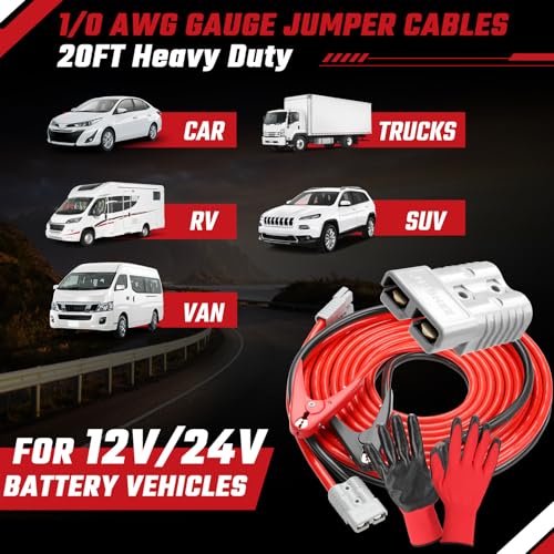 Heavy Duty Jumper Cables, 1 Gauge 1000Amp 20 feet, Booster Battery Cables with Permanent Installation kit and Quick Connect Plug for Car SUV Trucks up to 8-Liter Gasoline & 6-Liter Diesel Engines - size: 1 Gauge 20 Feet