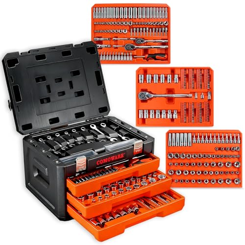 COMOWARE 320-Piece Master Mechanic Tool Set with Case, Father day Gift, 1/4" 3/8" 1/2" Drive SAE & Metric Socket Wrench Set, Includes 72T Ratchet Set, CR-V Steel, Hex Keys & Specialty Bits