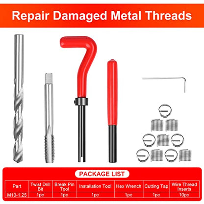 Thread Repair Kit M10 X 1.25mm, Metric Thread Repair Insert Kit | Compatible Hand Tool Set for Damaged Thread and Auto Repairing - size: Metric,M10×1.25mm