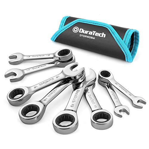 DURATECH Stubby Ratcheting Combination Wrench Set, Metric, 8-piece | 10mm, 11mm, 13mm, 14mm, 16mm, 17mm, 18mm, 19mm, CR-V Steel, With Pouch - size: Metric