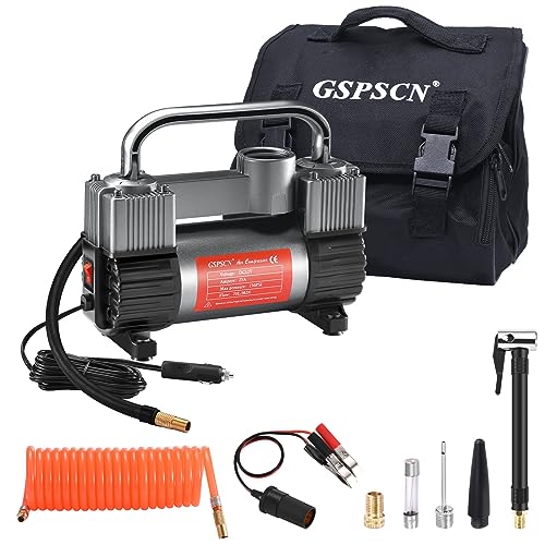 GSPSCN 12V Heavy Duty Tire Inflator Metal Portable Air Compressor Pump | 6X Faster Inflation Double Cylinders 150PSI Air Pump with Adapter for Car, RV,Pickup Truck, SUV, Van,Camper, Air Bed,Ball - color: Titanium