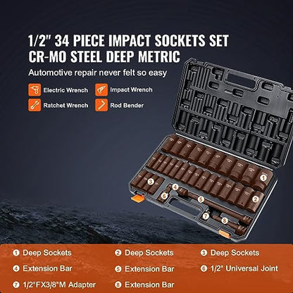 VEVOR 1/2" Drive Impact Socket Set, 34 Piece Socket Set Metric 8-36mm, 6 Point Cr-MO Alloy Steel for Auto Repair, Easy-to-Read Size Markings, Rugged Construction, Includes Storage Case - style: 1/2" 34PCS CR-MO