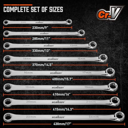 HORUSDY 8-Piece Extra Long Double Box-End Wrench Set, 12-Point Metric 8–24 mm, CR-V Steel, 15° Offset, Off-Corner Loading, with EVA Foam Organizer - style: 8pcs Metric Extra Long Wrench Set