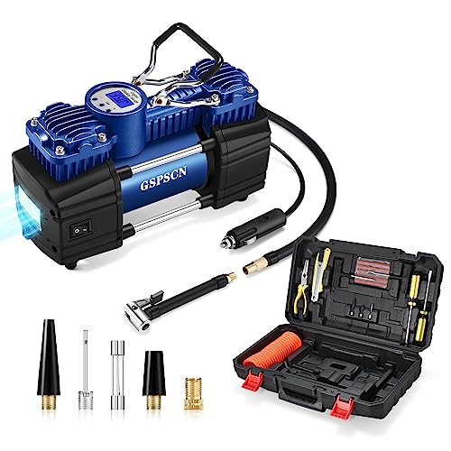 GSPSCN Heavy Duty Tire Inflator 12V Portable Digital Air Compressor Pump | w/ Tire Repair Kit & Toolbox 6X Faster Inflation Auto-Shut off Double Cylinder Metal Air Pump 150Psi for Car,SUV,Truck,RV - color: Blue