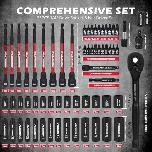 63-Piece Metric 1/4" Drive Socket Set & Nut Driver Set, Impact Standard & Deep Socket Set (4-15mm), 1/4" Hex Shank 6" Magnetic Nut Drivers, Extension Bar, Quick-Release Ratchet handle, Universal Joint - style: 63-PC: Master Set With Ratchet & Case