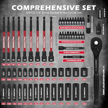 63-Piece Metric 1/4" Drive Socket Set & Nut Driver Set, Impact Standard & Deep Socket Set (4-15mm), 1/4" Hex Shank 6" Magnetic Nut Drivers, Extension Bar, Quick-Release Ratchet handle, Universal Joint - style: 63-PC: Master Set With Ratchet & Case