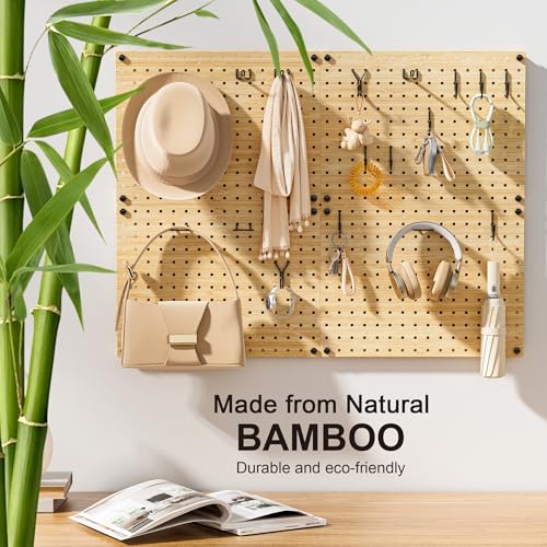 VOIMO Bamboo Pegboard Wall Organizer, 4 Panels, 16 x 12 in, 35 Hooks | Wall-mounted storage for tools, craft supplies, office essentials, kitchen accessories, and small hardware for garage use - size: 16'' X 12'' (4 Panels)