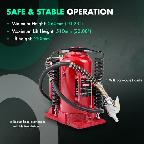 Pneumatic Air Hydraulic Bottle Jack with Manual Hand Pump 20 Ton (40 000 LBS) for Heavy Duty Auto Truck Travel Trailer Repair Lift Red Ideal for Car, Pickup, SUV, Industrial Engineering