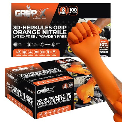 GRIPXX Herkules Grip Heavy Duty 8Mil Orange Nitrile Gloves,3D Raised Diamond Texture-Latex & Powder Free-Industrial, Mechanic (2, Small) - size: Small, style: Orange - 200 Count