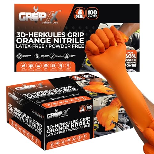 GRIPXX Herkules Grip Heavy Duty 8Mil Orange Nitrile Gloves,3D Raised Diamond Texture-Latex & Powder Free-Industrial, Mechanic (2, Small) - size: Small, style: Orange - 200 Count
