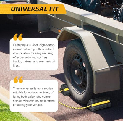 MaxxHaul 51013 Solid Rubber Wheel Chock for Travel Trailers Camper RV Truck Car Sturdiness Heavy Duty Simple Easy to use Tires Chock Block Stopper with Nylon Rope Yellow Reflective Tape 2 Pack - style: Rubber Wheel Chock - Lobe Shaped