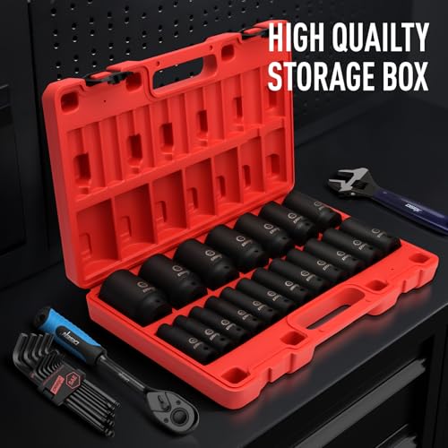 DISEN 19 Pcs 1/2" SAE Impact Socket Set, Deep Sockets 3/8"- 1-1/2", 6-Point Cr-V & Alloy Steel, 1/2 Inches Drive Impact Socket Set,Rugged Construction, Enhanced Storage Case - style: 1/2" SAE Impact Socket Set